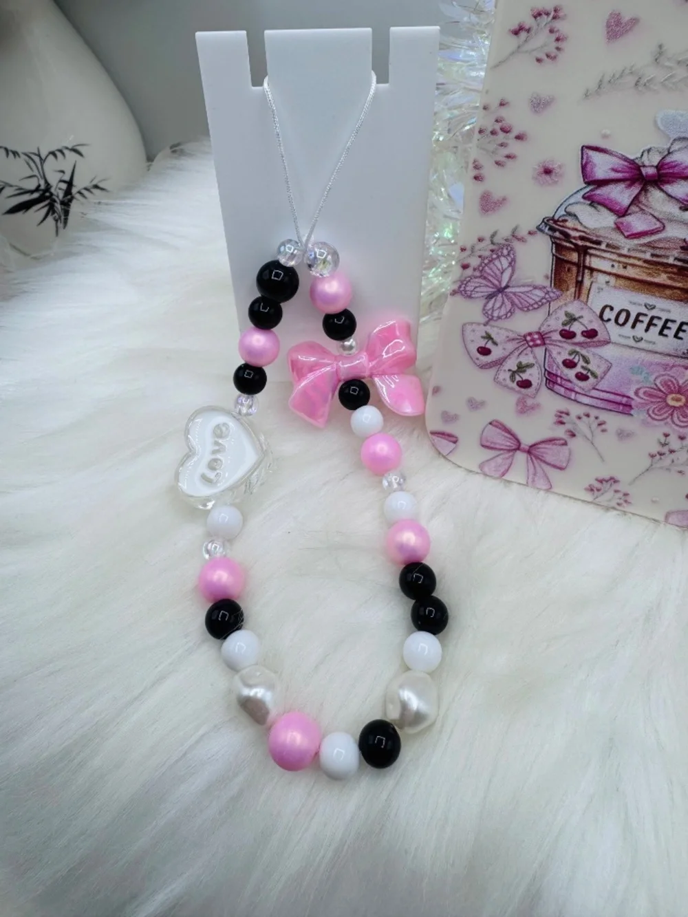 Cute Pink Bow Coffee iPhone 17 Pro Max Case + Beaded Charm – Girly Aesthetic